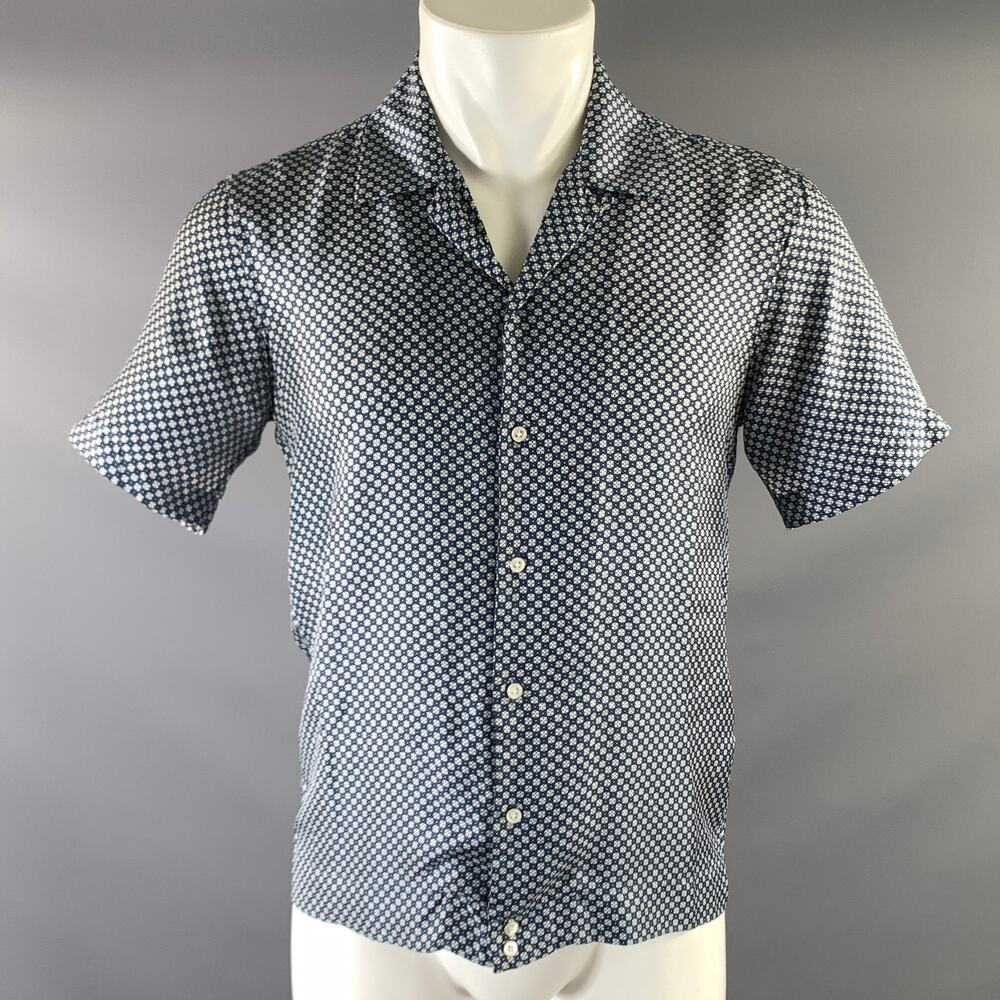 SANDRO Size S Blue White Geometric Silk Button Up Short Sleeve Shirt